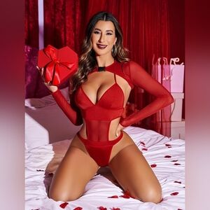 AVIDLOVE Red V-Neck Halter Bodysuit with Sheer Waist Cut Out - Size L